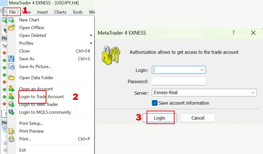 3 bước đăng nhập sau khi download MetaTrader 4 Exness